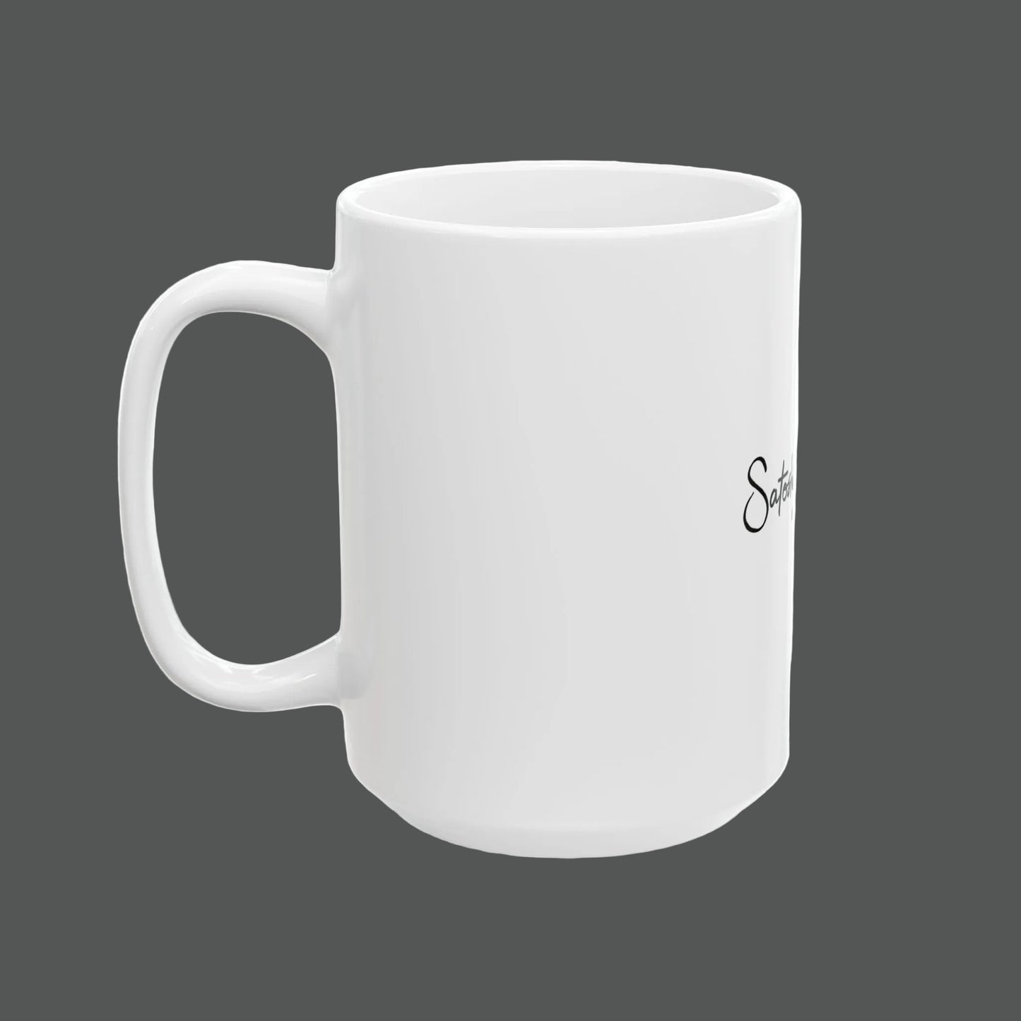 White mug with red text on a white background