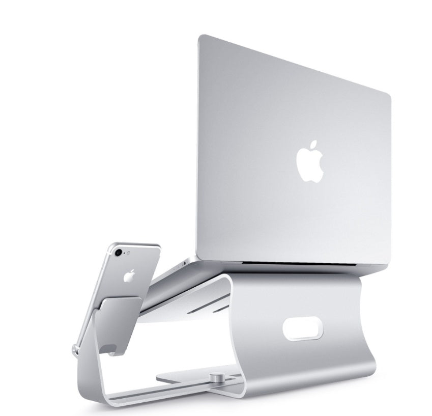 Silver laptop stand holding a laptop on a white background