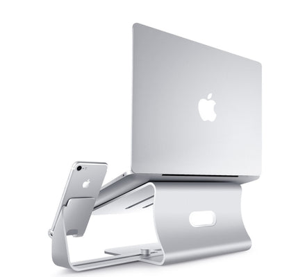 Silver laptop stand holding a laptop on a white background