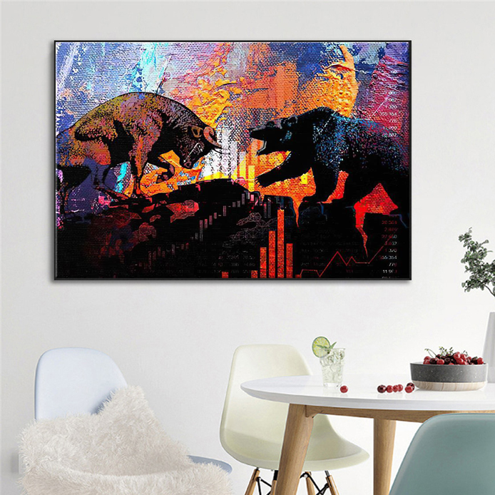 Abstract painting of two bears in a dynamic pose on a wall above a dining table.