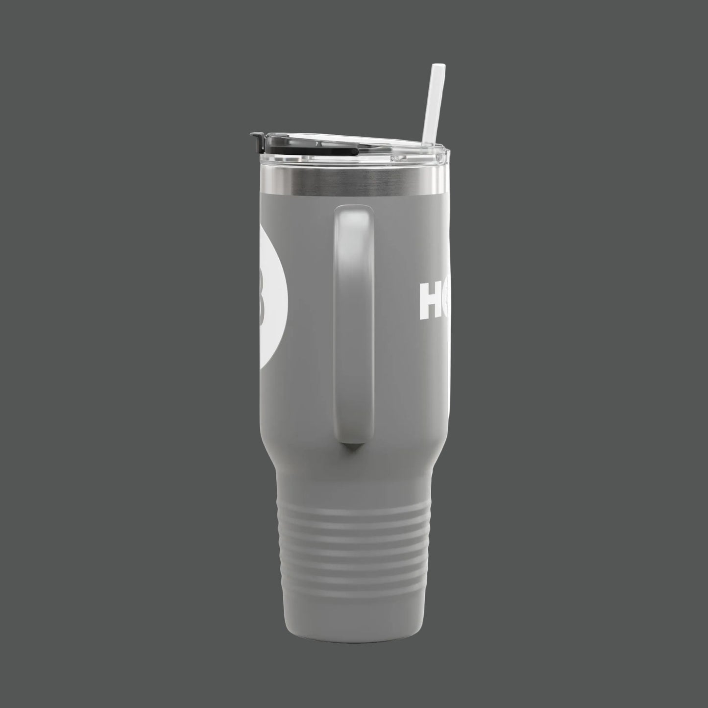 Gray tumbler with a straw on a white background