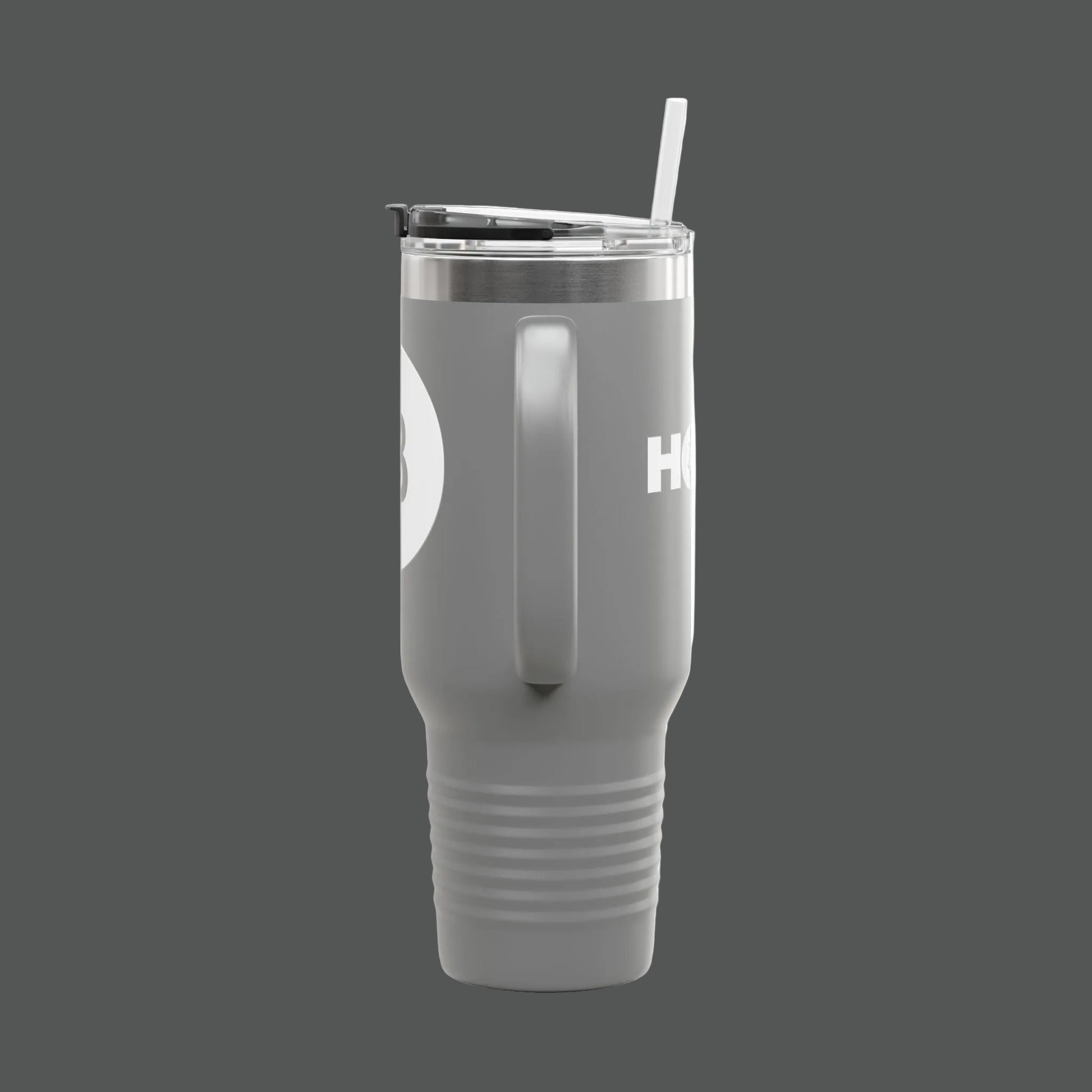 Gray tumbler with a straw on a white background