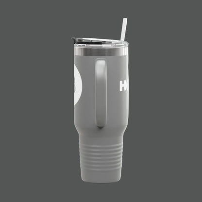 Gray tumbler with a straw on a white background
