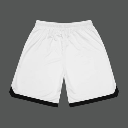 White shorts with black trim on a white background