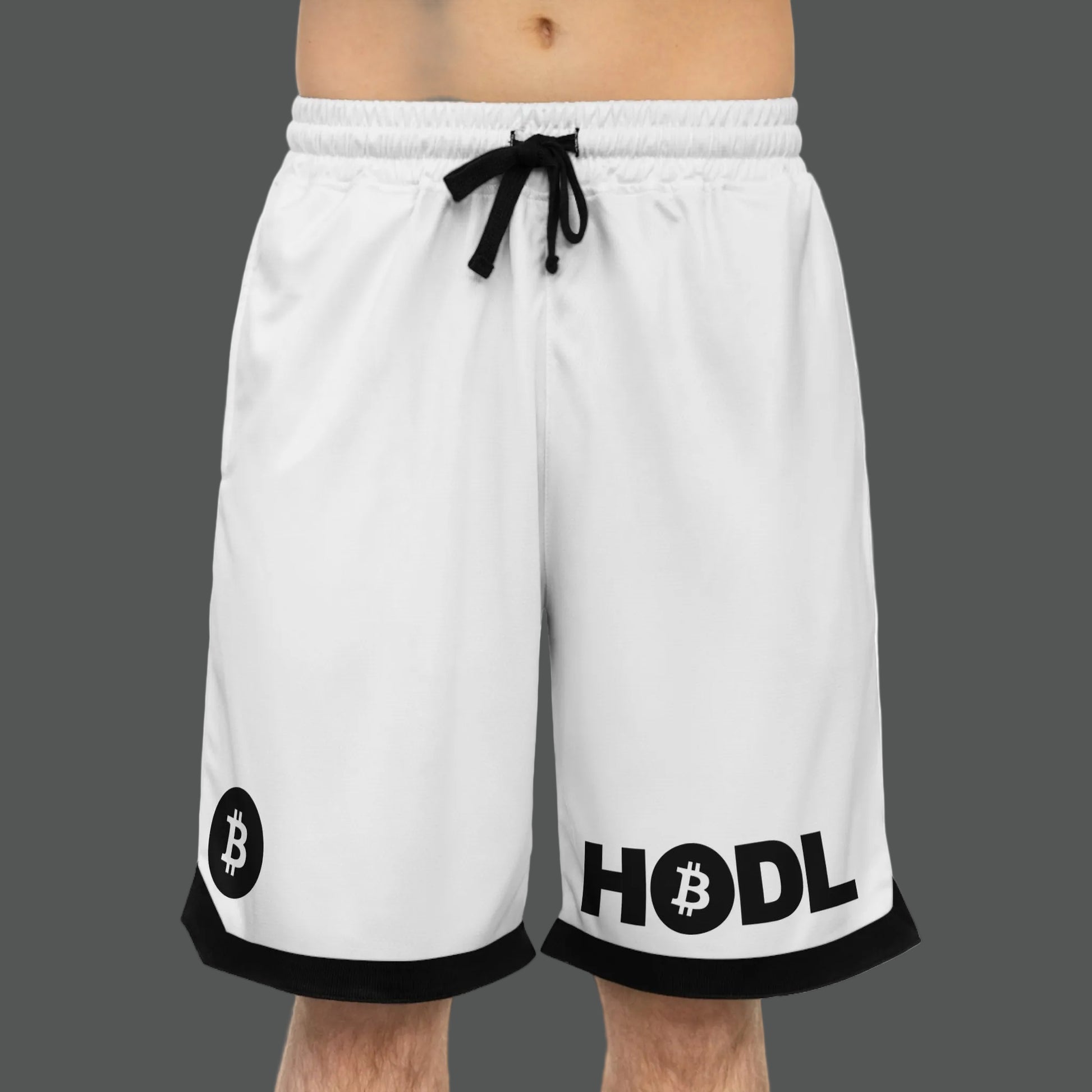 White shorts with Bitcoin symbol and 'HODL' text on a white background