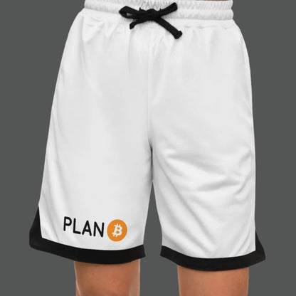 White shorts with black trim featuring the 'PLAN Bitcoin' logo on a white background