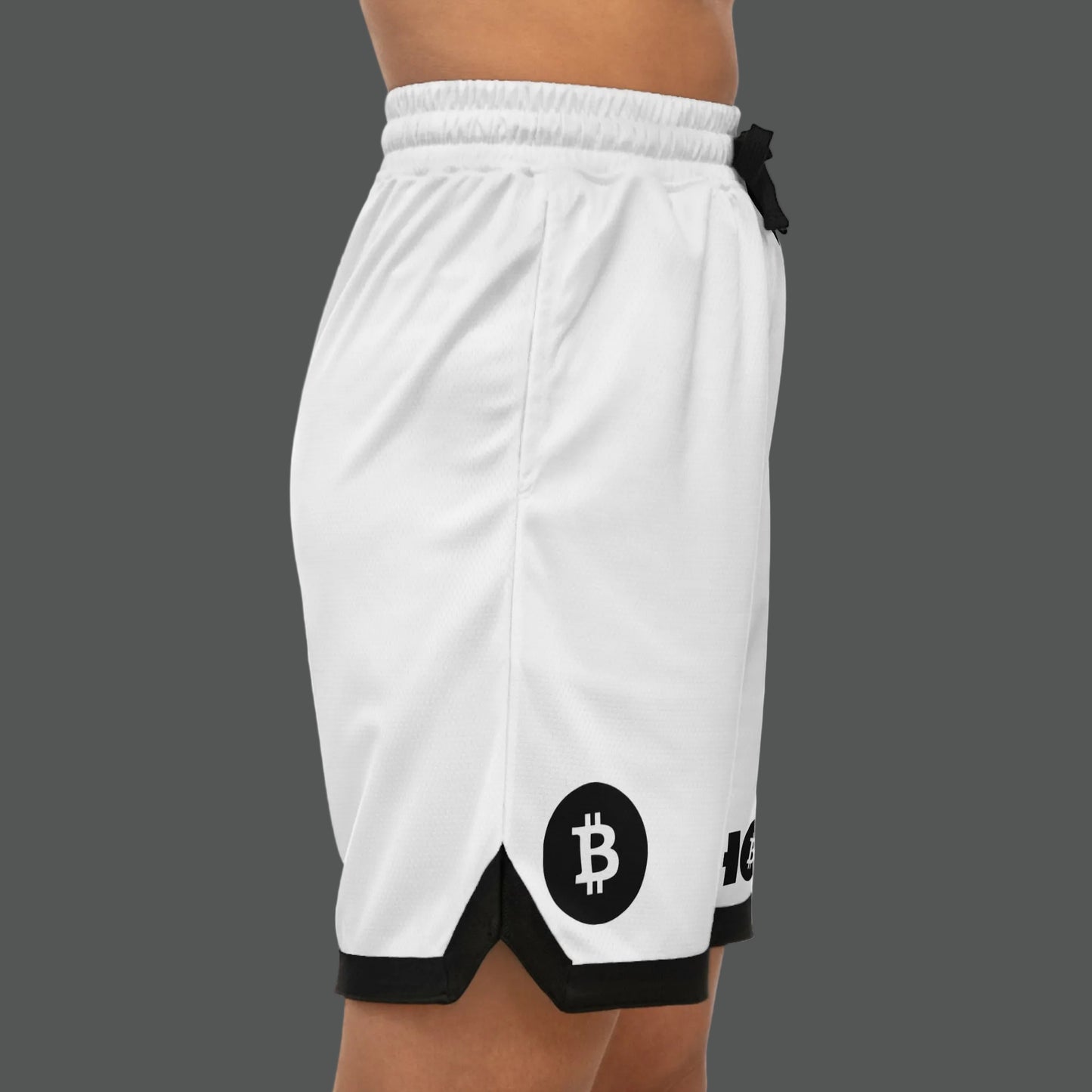 White shorts with Bitcoin logo on a white background