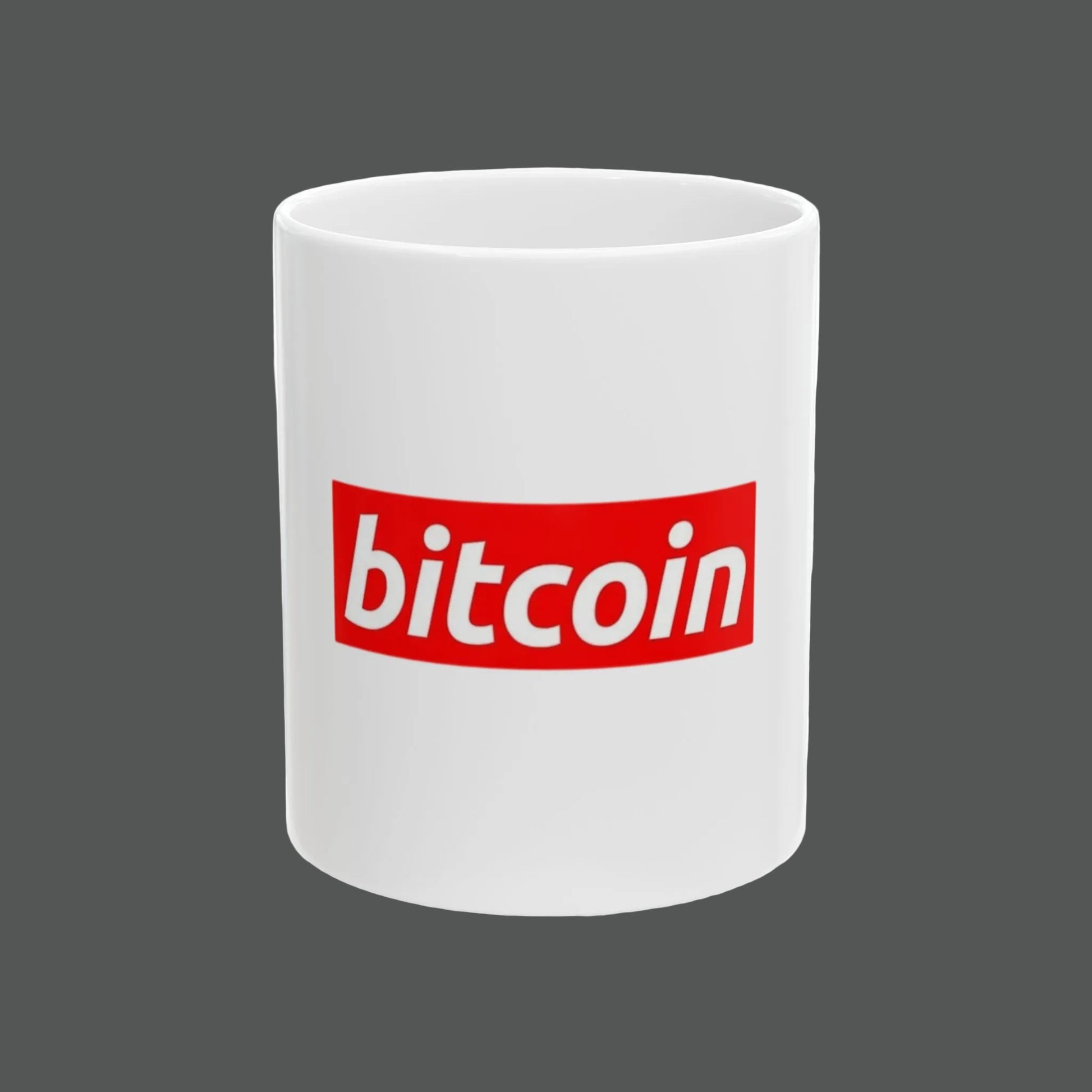 White mug with red 'bitcoin' logo on a white background