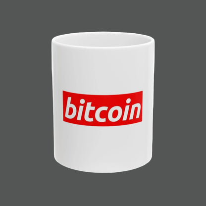 White mug with red 'bitcoin' logo on a white background