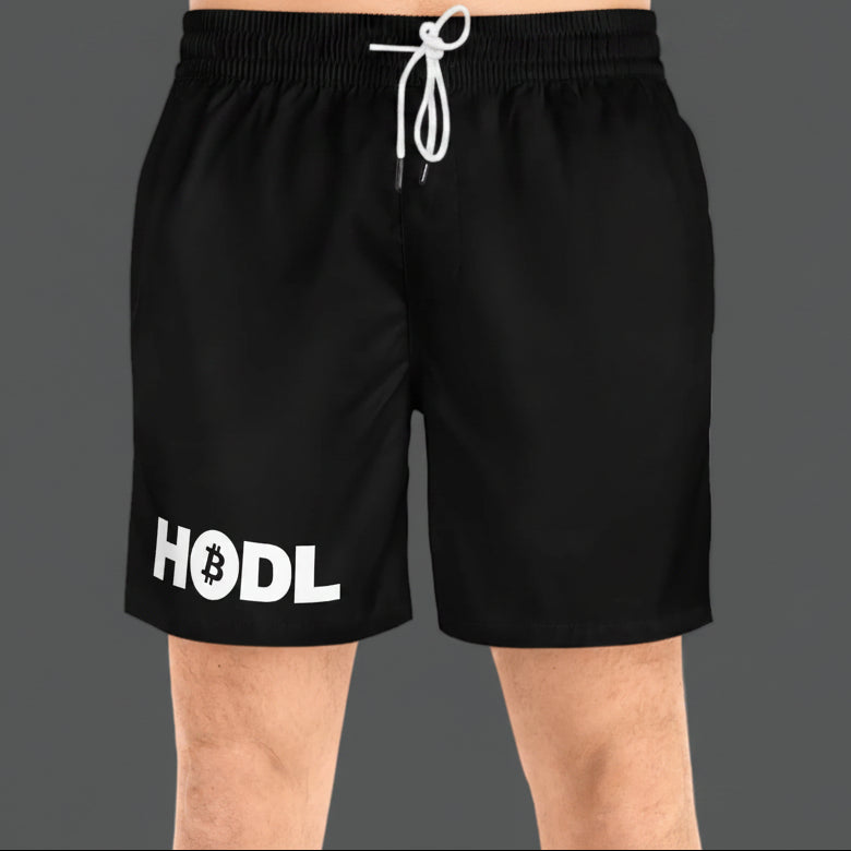 Black shorts with 'HODL' and Bitcoin logo on a white background