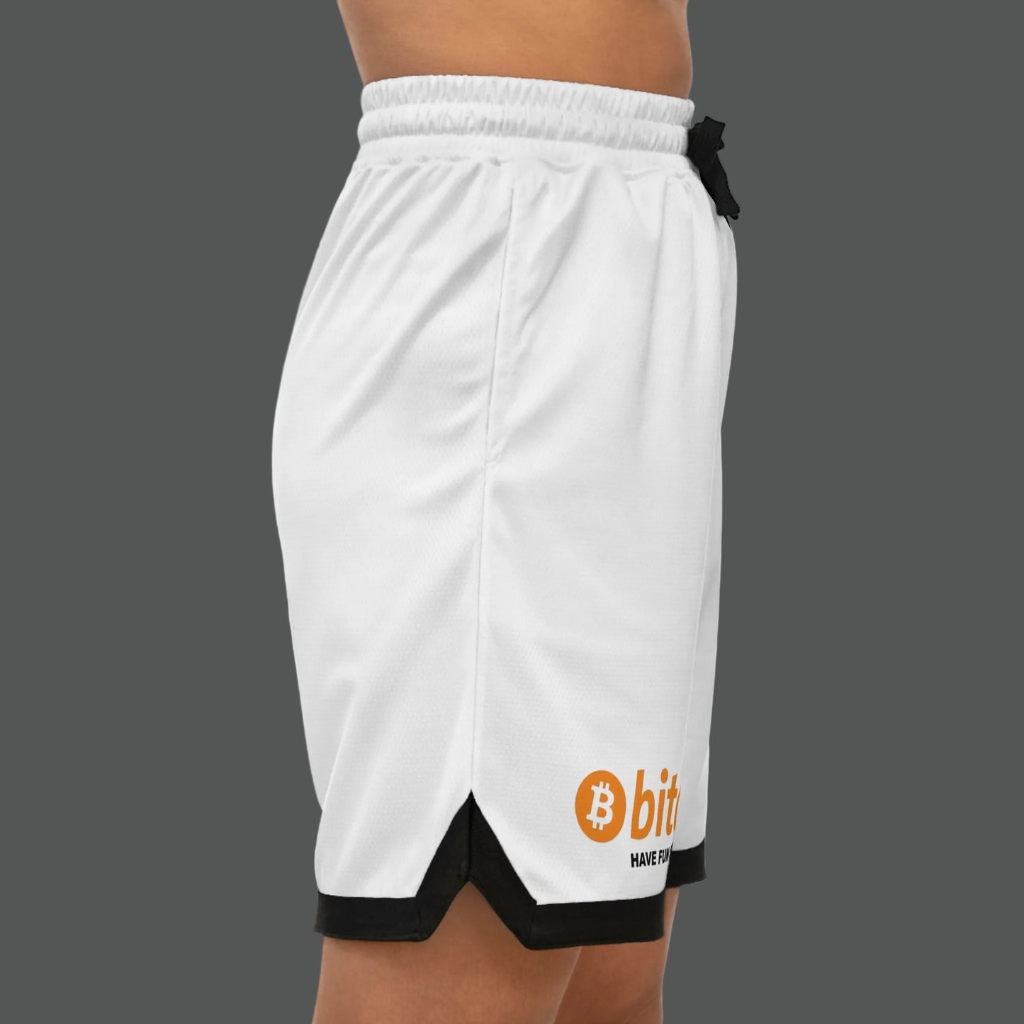 White shorts with Bitcoin logo on a white background