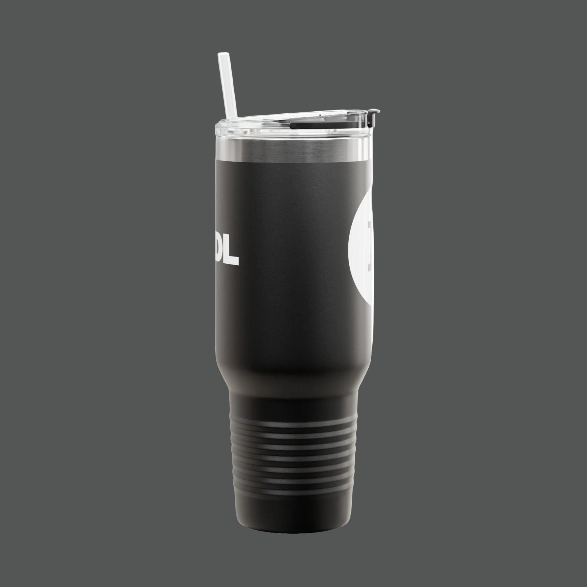 Black insulated tumbler with a straw on a white background