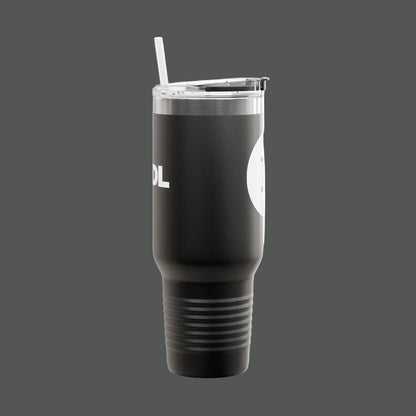 Black insulated tumbler with a straw on a white background