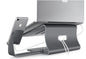 Multi-device stand holding a laptop, tablet, and smartphone on a white background
