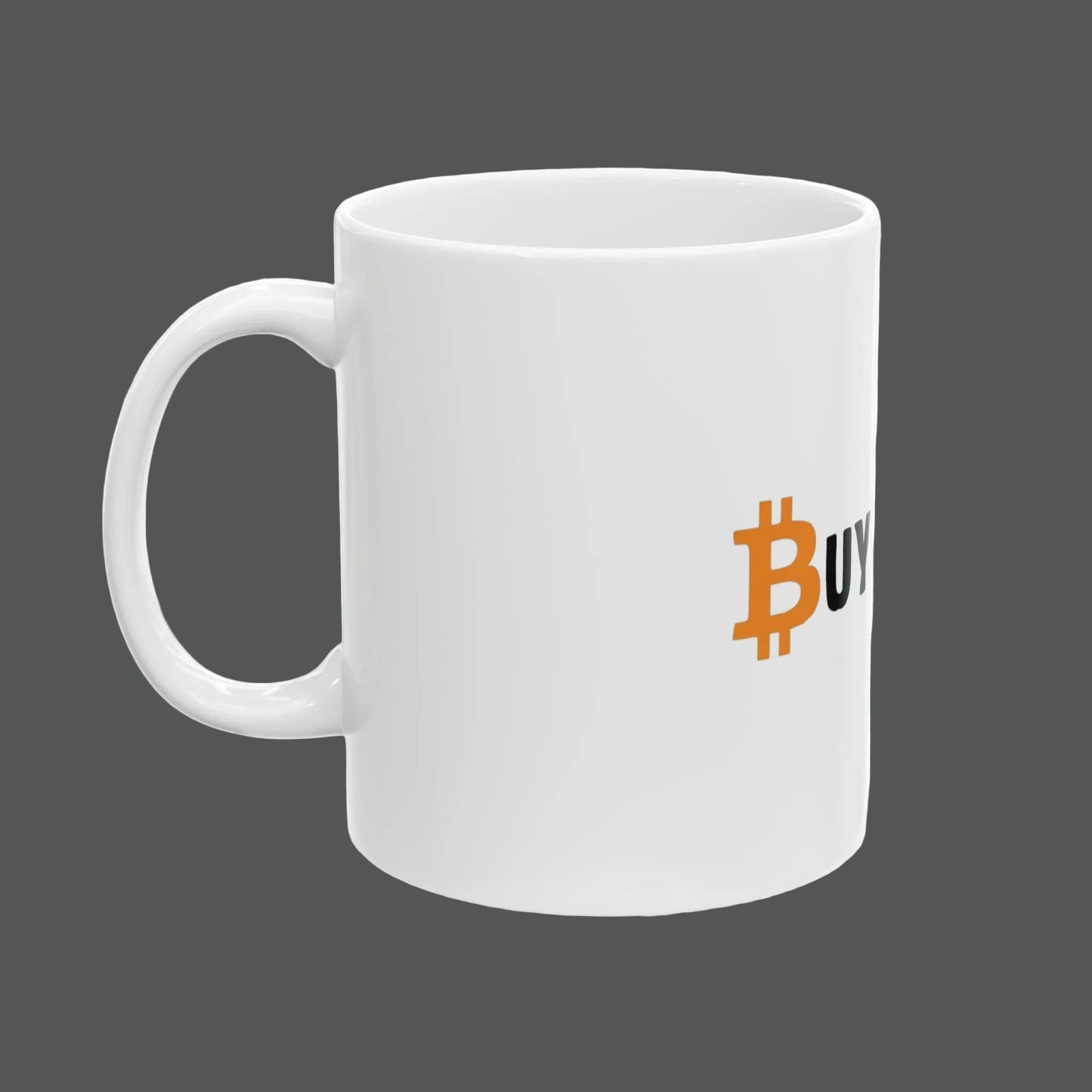 White mug with Bitcoin logo and 'BUY' text on a white background