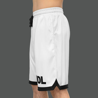 White shorts with black trim and 'IDL' logo on a white background
