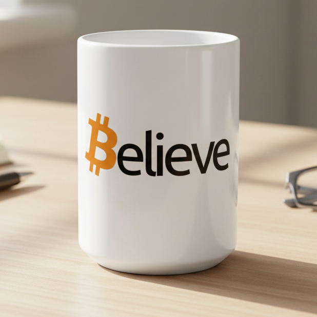 White mug with 'Believe' and Bitcoin logo on a desk with glasses and notebook.