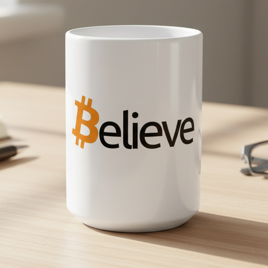 White mug with 'Believe' and Bitcoin logo on a desk with glasses and notebook.