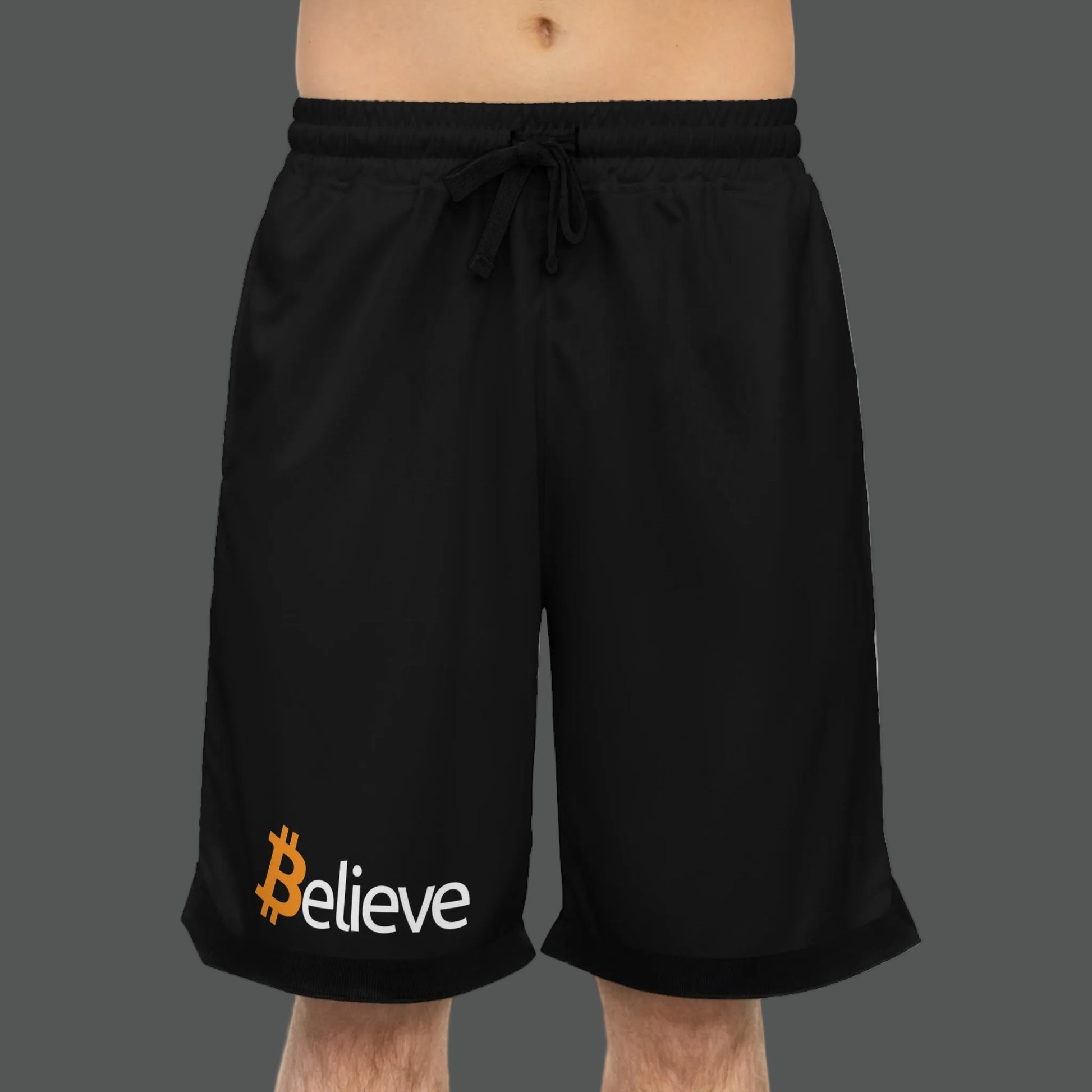 Black shorts with 'Believe' and Bitcoin logo on a white background
