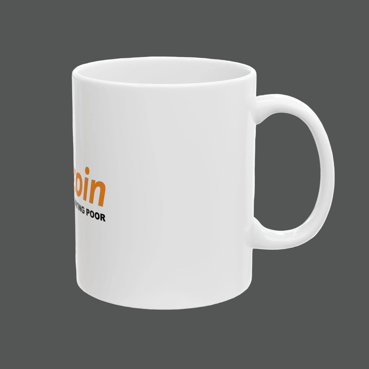 White mug with text on a white background