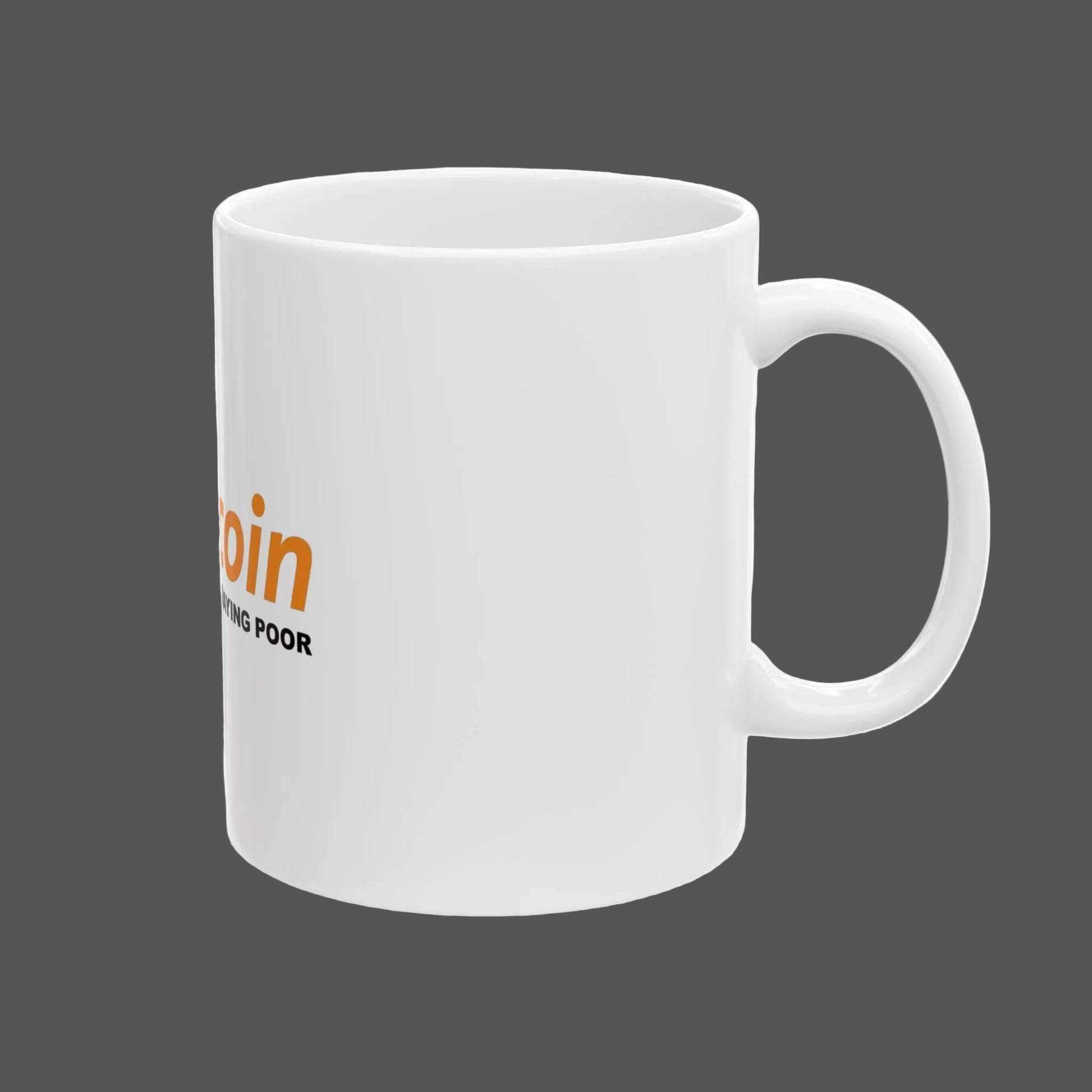White mug with text on a white background