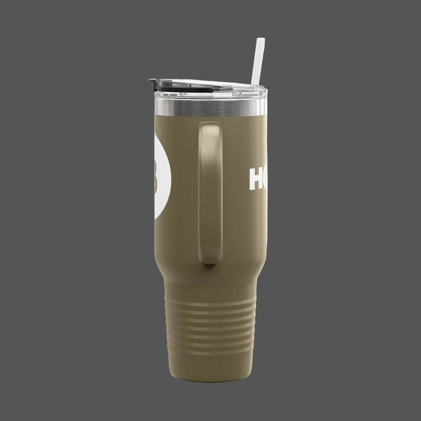 Green tumbler with a straw on a white background