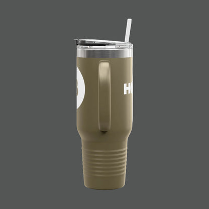 Green tumbler with a straw on a white background