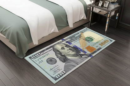 Bedroom with a dollar bill design rug on the floor