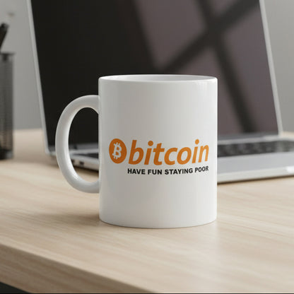 White mug with Bitcoin logo and text on a white background
