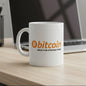 White mug with Bitcoin logo and text on a white background