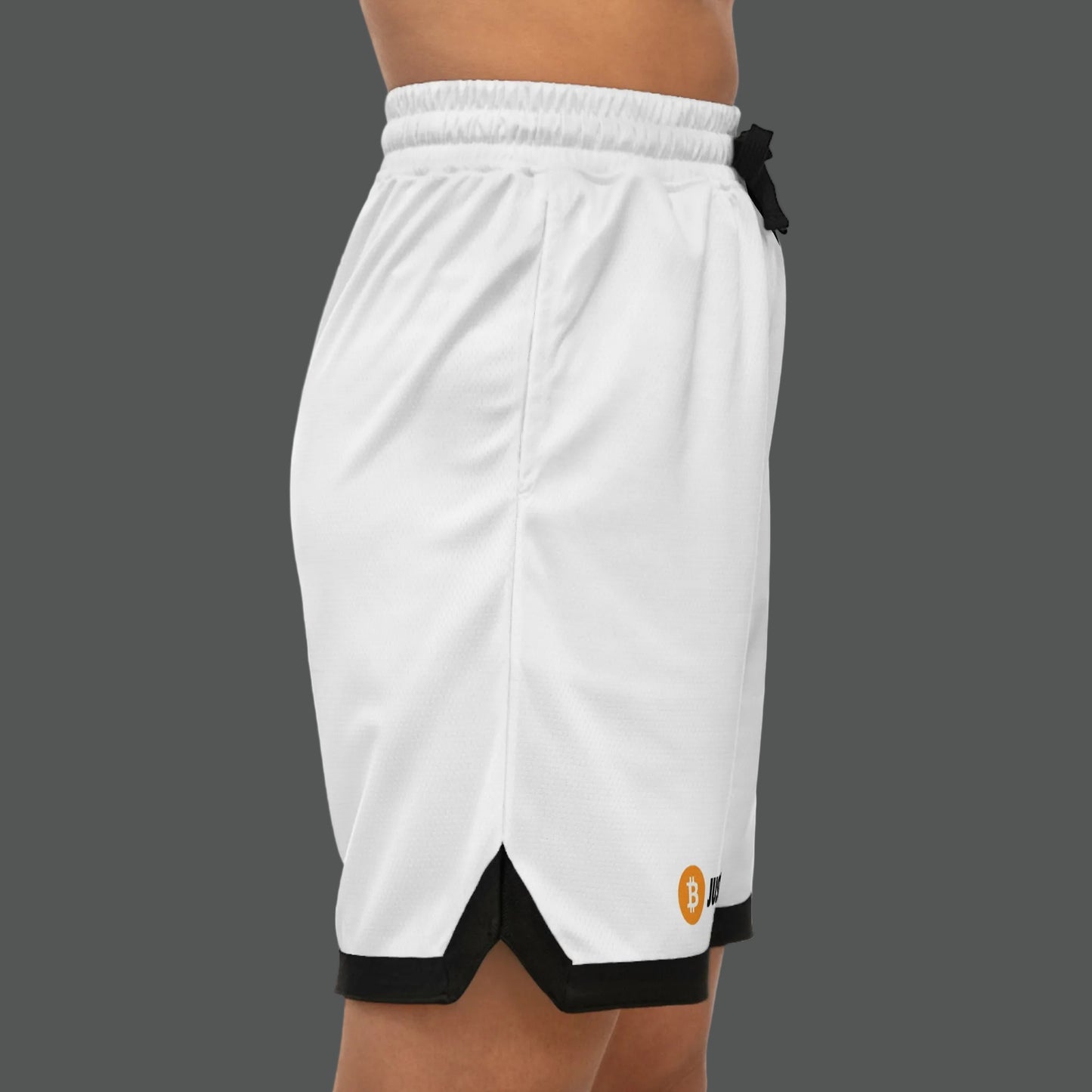 White athletic shorts with black accents on a white background