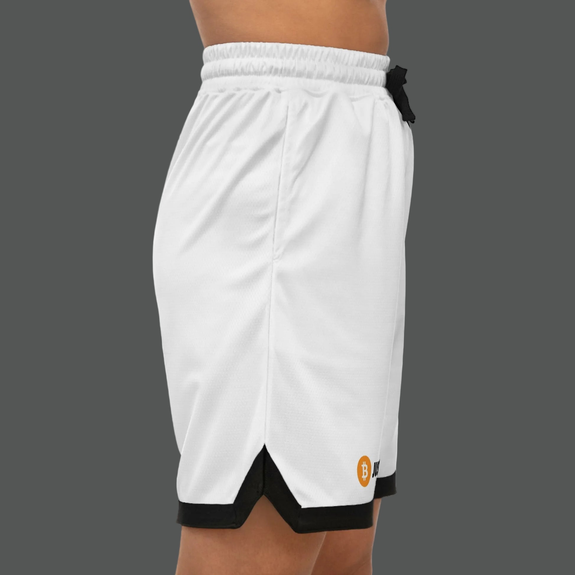 White athletic shorts with black accents on a white background