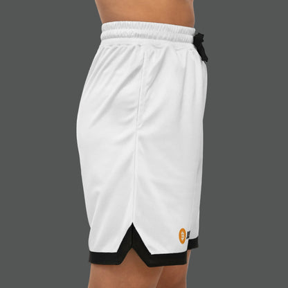White athletic shorts with black accents on a white background