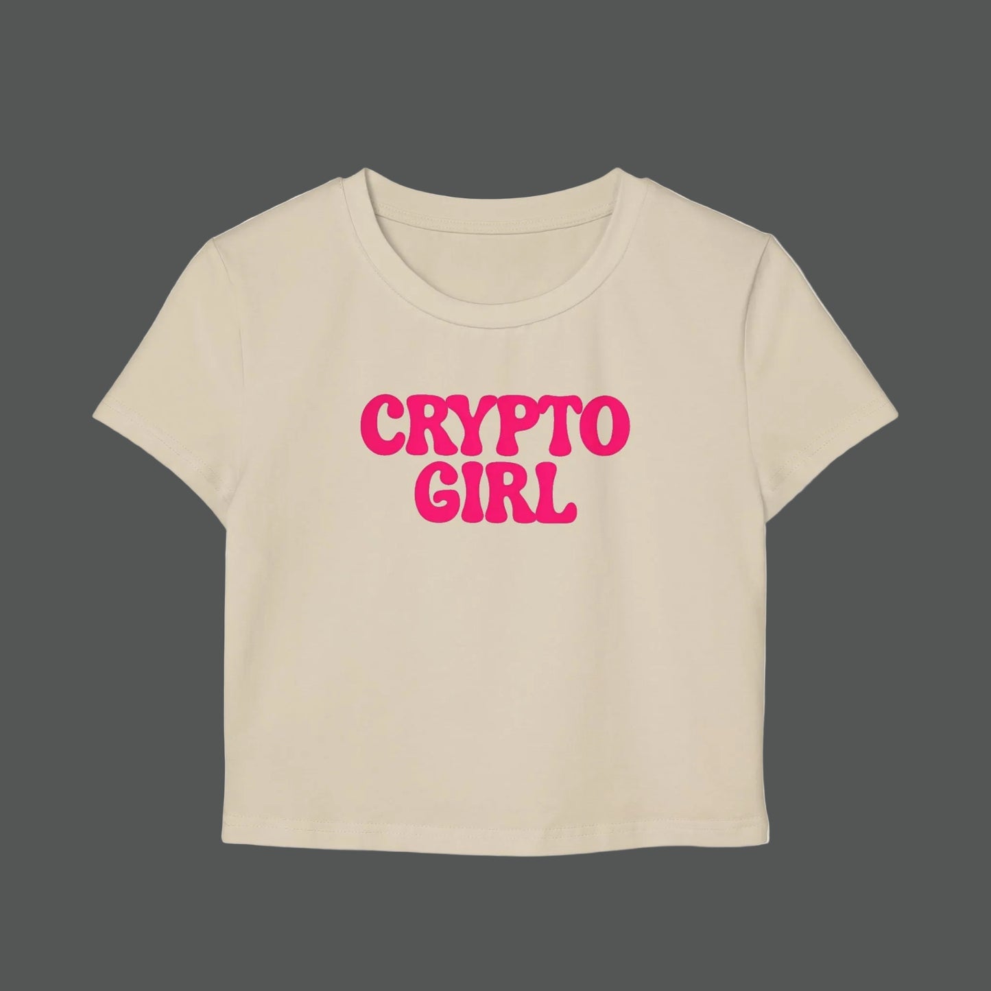 Beige t-shirt with 'CRYPTO GIRL' in pink text on a white background