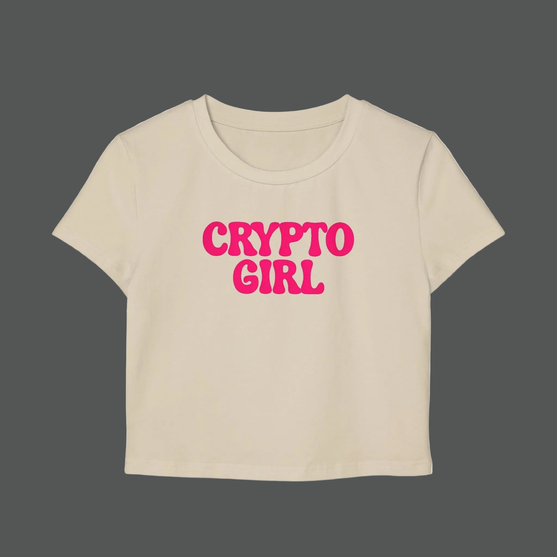 Beige t-shirt with 'CRYPTO GIRL' in pink text on a white background