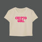 Beige t-shirt with 'CRYPTO GIRL' in pink text on a white background