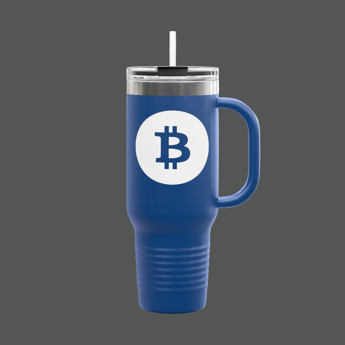 Blue travel mug with Bitcoin logo on a white background