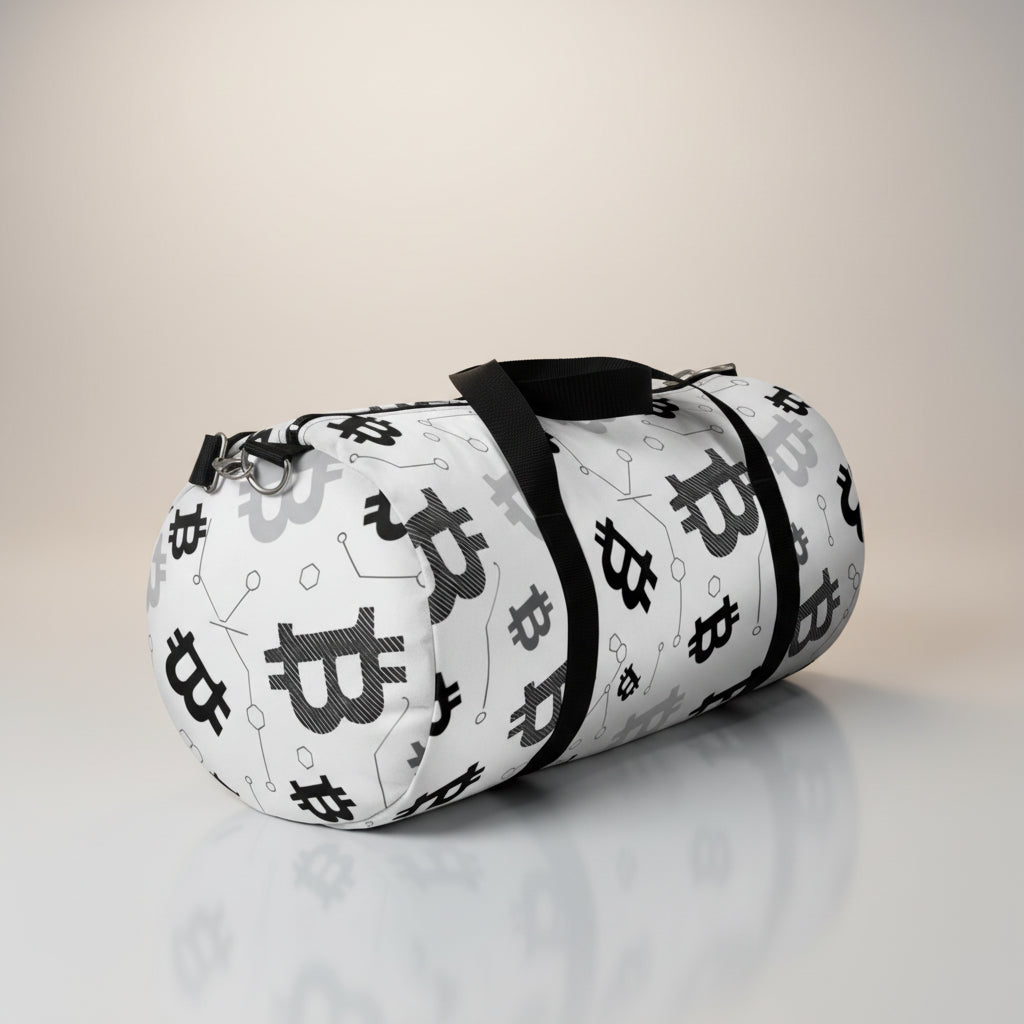 Duffel bag with Bitcoin symbols on a white background