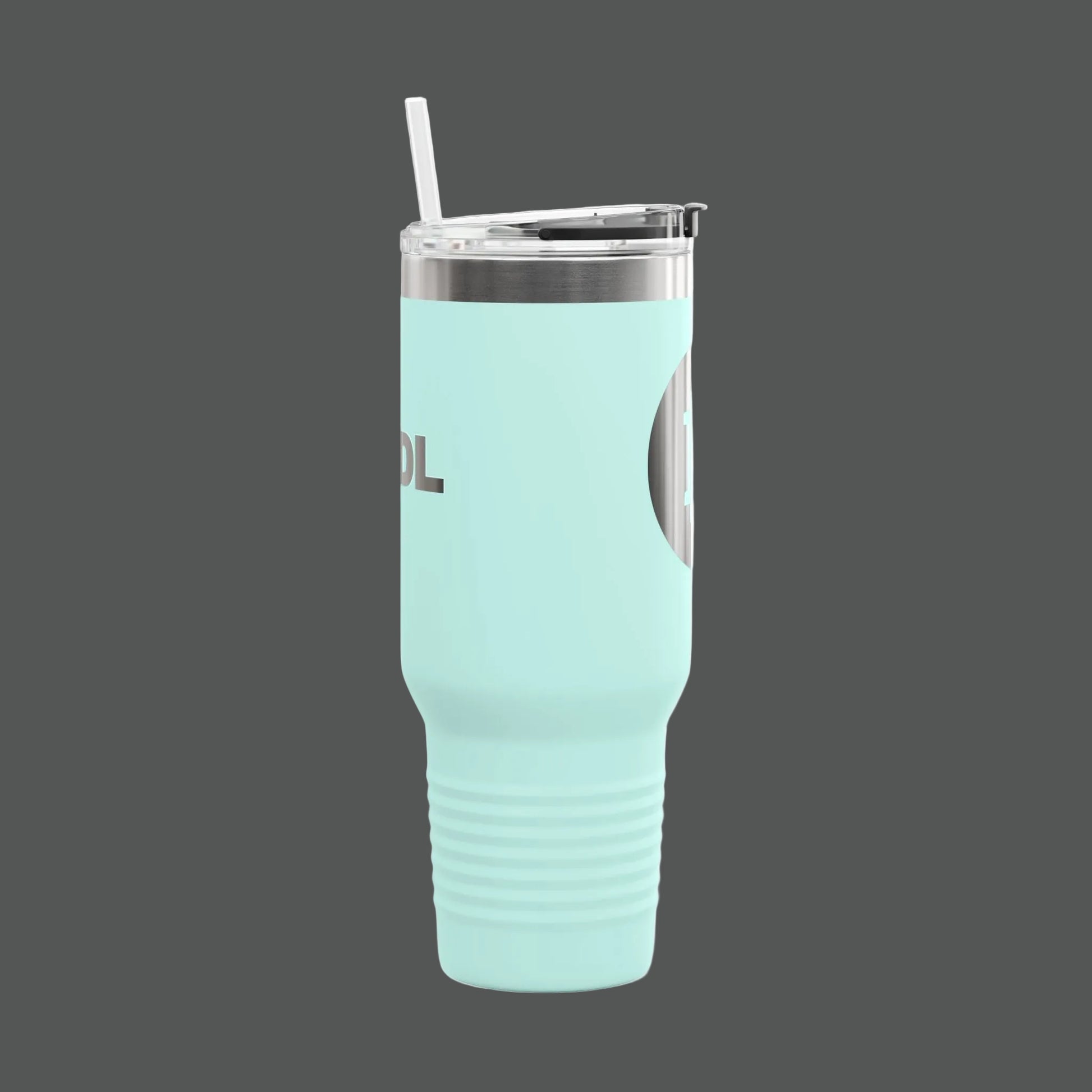 Mint green tumbler with a straw on a white background