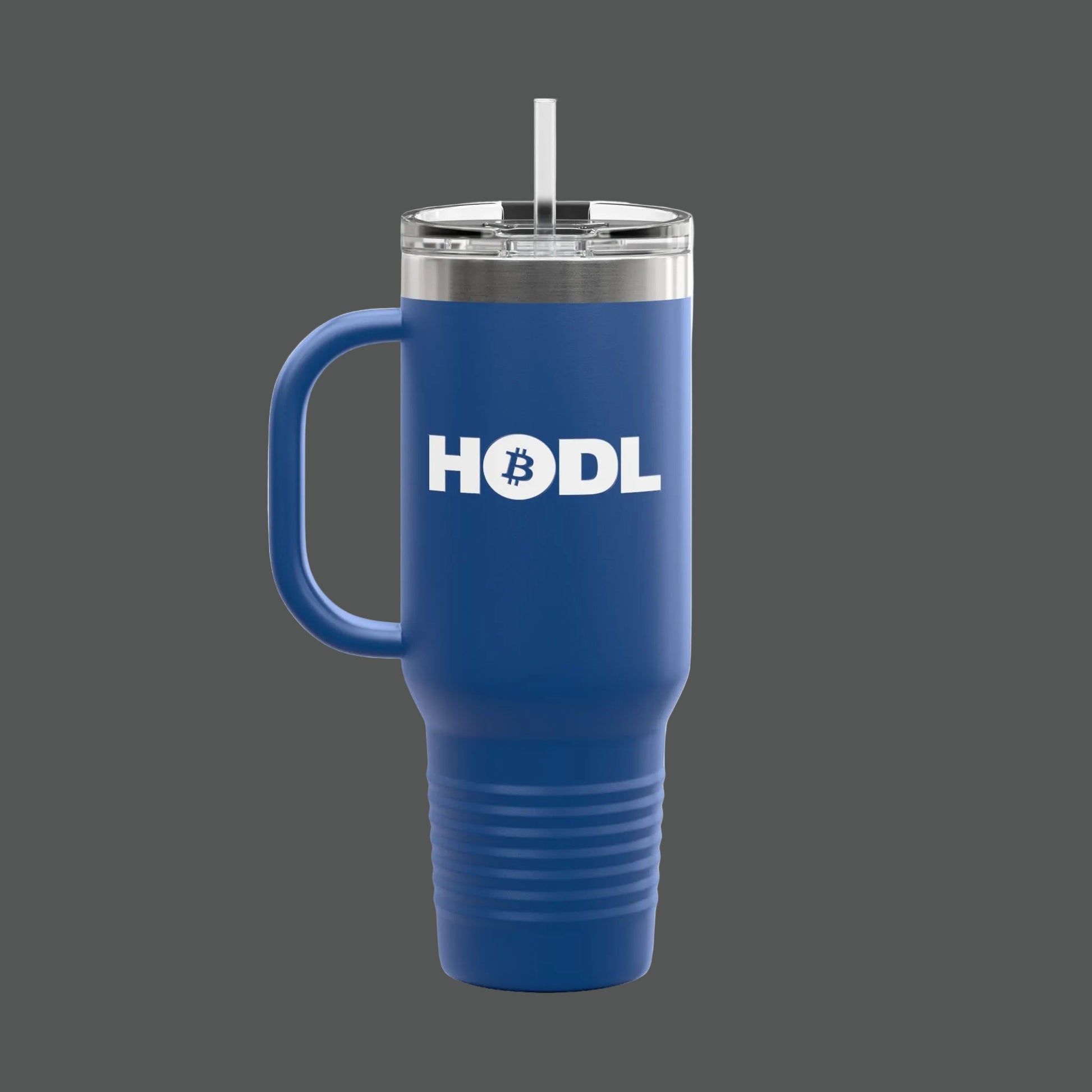 Travel mug with a graphic of a person and text on a white background