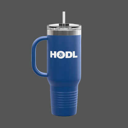 Travel mug with a graphic of a person and text on a white background