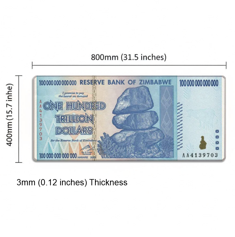 Zimbabwean dollar bill with dimensions and thickness measurement