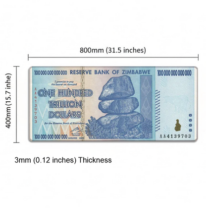 Zimbabwean dollar bill with dimensions and thickness measurement