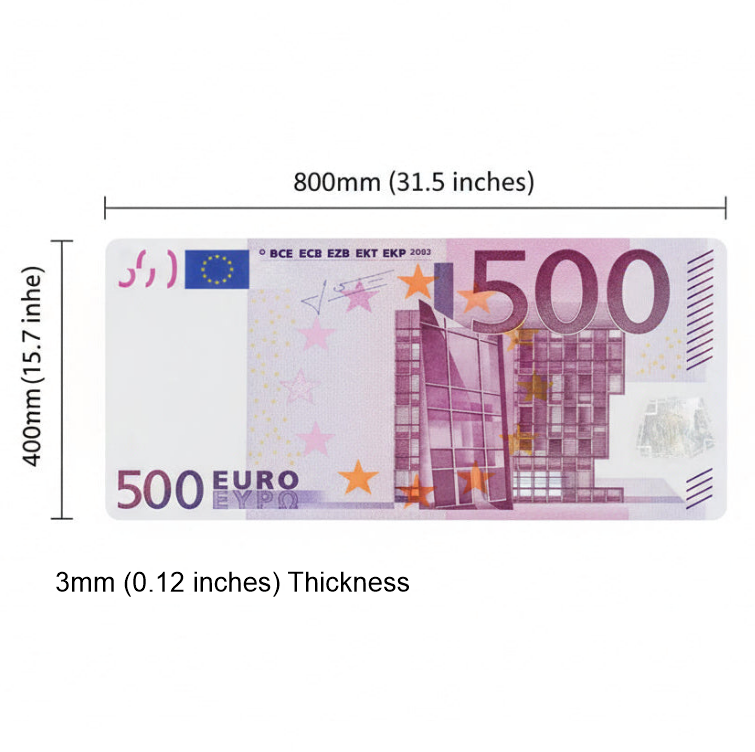 500 Euro banknote with dimensions and thickness indicated