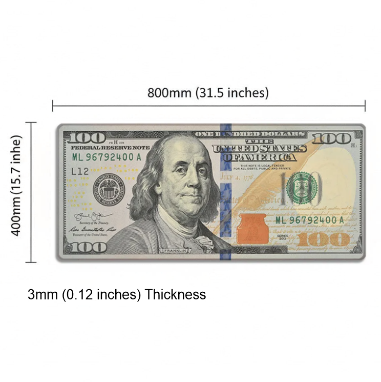 Measurement chart of a $100 bill with dimensions and thickness indicated.