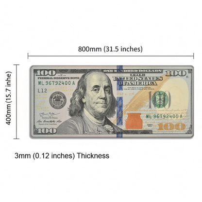 Measurement chart of a $100 bill with dimensions and thickness indicated.