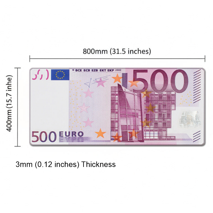 500 Euro banknote with dimensions and thickness displayed