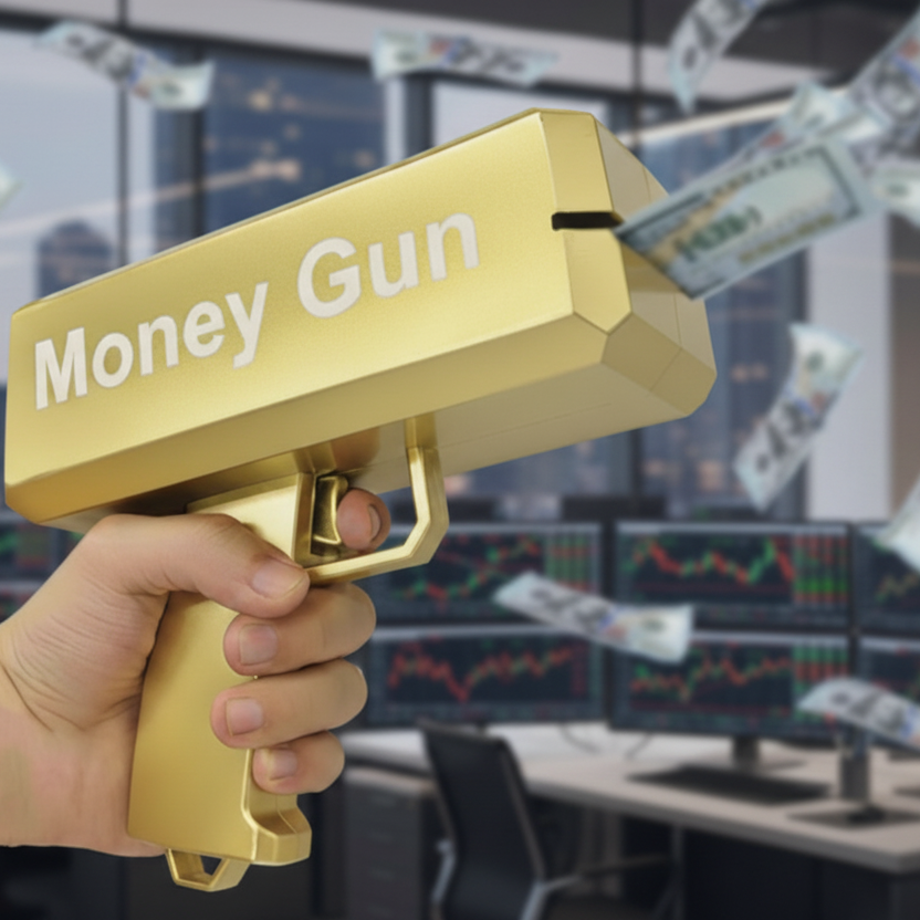 Gold 'Money Gun' with money being ejected, held by a hand in an office setting.