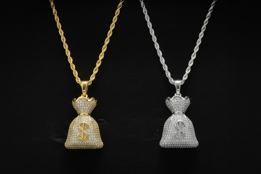 Gold and silver money bag pendants on chains with dollar sign symbol.