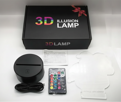 3D Illusion Lamp packaging with lamp, remote control, and instructions on a white background